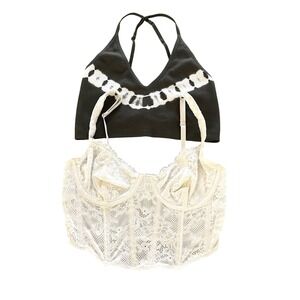 Aerie Bralette & Lace Corset Top Bundle Womens Small Olive Green White Boho 2pc